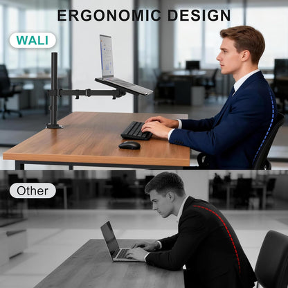 WALI Laptop Desk Mount for 17 inch Notebook, Adjustable Single Monitor Arm with Laptop Holder for 32 inch Screen, Laptops Stand with Ventilated Tray, Up to 22 lbs, (M00LP), Black