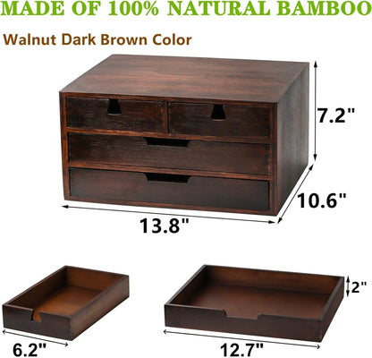 DEAYOU Bamboo Desk Organizer, 100% Natural Bamboo Desktop Drawer Organizer, Dark Brown Tabletop Storage Cabinet Organization Box with 4 Drawer for Makeup, Letter, Home, 3 Layer, Fully Assemble