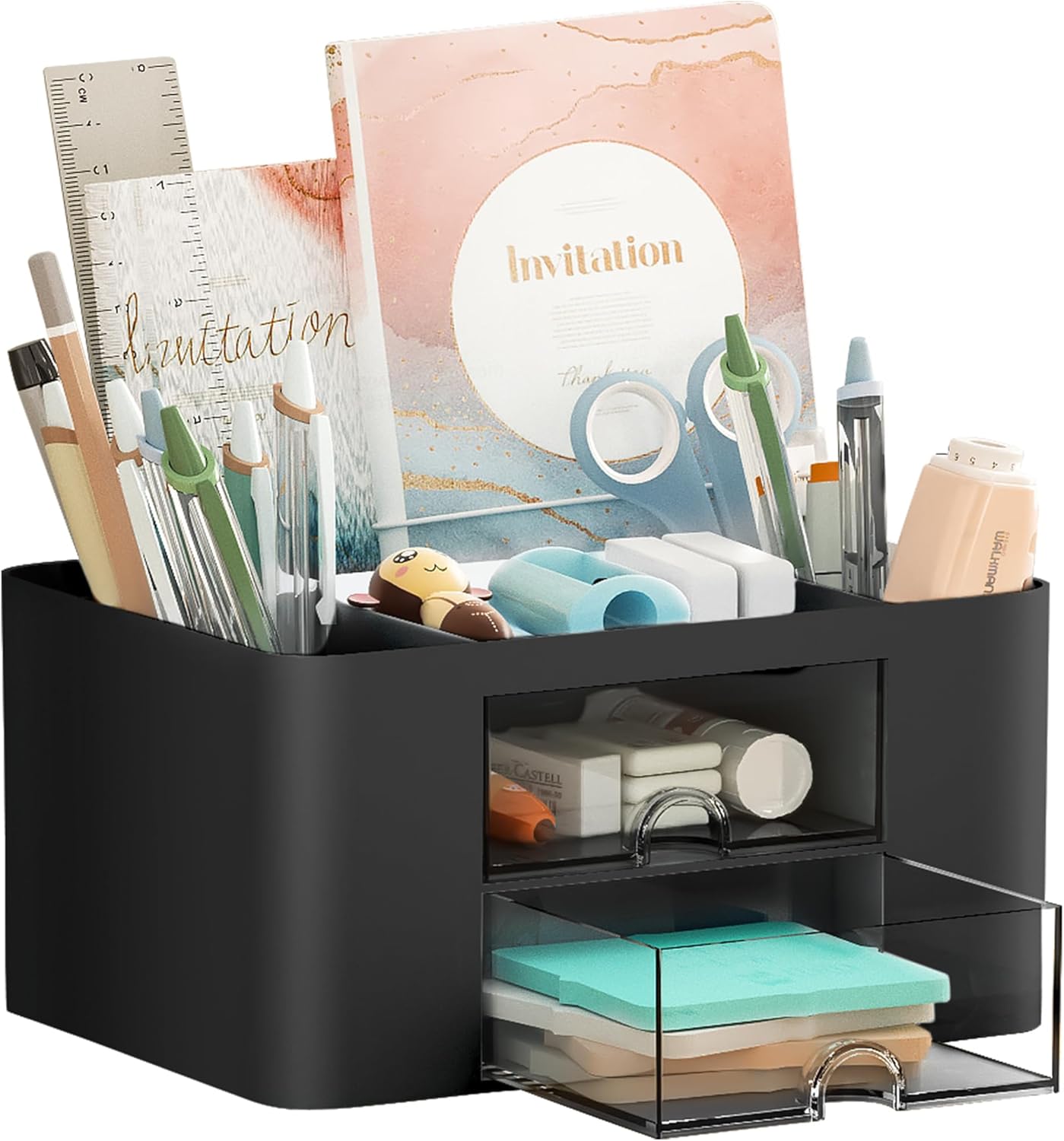 Marbrasse Pen Organizer with 2 Drawer, Multi-Functional Pencil Holder for Desk, Desk Organizers and Accessories with 5 Compartments + Drawer for Office Art Supplies (White)