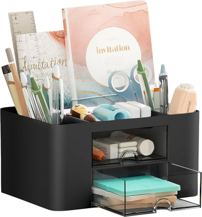 Marbrasse Pen Organizer with 2 Drawer, Multi-Functional Pencil Holder for Desk, Desk Organizers and Accessories with 5 Compartments + Drawer for Office Art Supplies (White)
