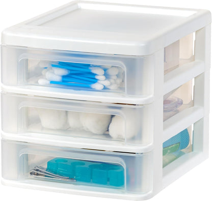 IRIS USA Plastic Stacking Desk Top 3-Drawer Storage Organizer, 2-Pack, for Makeup Vanity Nail Polish Bathroom Stationery Art Craft Supplies Kitchen Office Garage and Small Organization, Small, Black