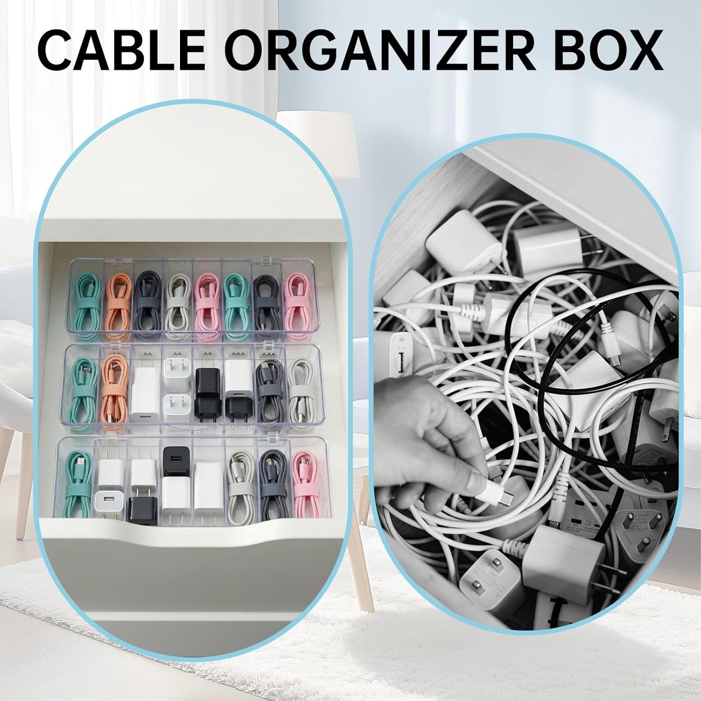 3 Pack Cable Organizer Box with Silicone Straps, Plastic Cord Management Box with Lid for Desk Home Office and Electronics Accessories Storage