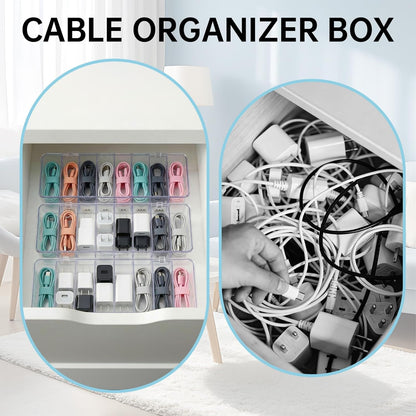 3 Pack Cable Organizer Box with Silicone Straps, Plastic Cord Management Box with Lid for Desk Home Office and Electronics Accessories Storage