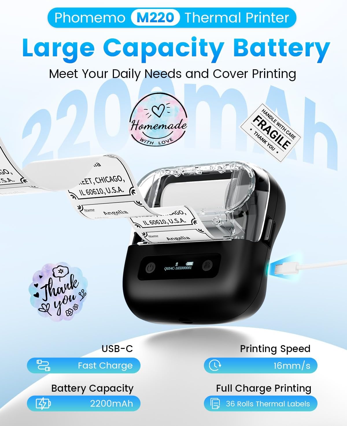 Phomemo Label Maker,M220 Label Printer,3 Inch Bluetooth Thermal Label Maker Machine with 6000+ Icons,700+ Templates,400+ Fonts,for Kids School Items,Small Business,Large Sticker