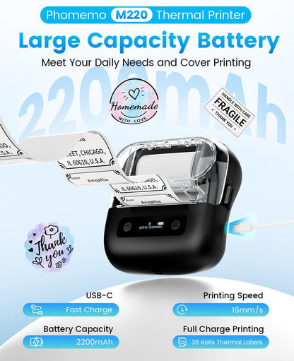 Phomemo Label Maker,M220 Label Printer,3 Inch Bluetooth Thermal Label Maker Machine with 6000+ Icons,700+ Templates,400+ Fonts,for Kids School Items,Small Business,Large Sticker