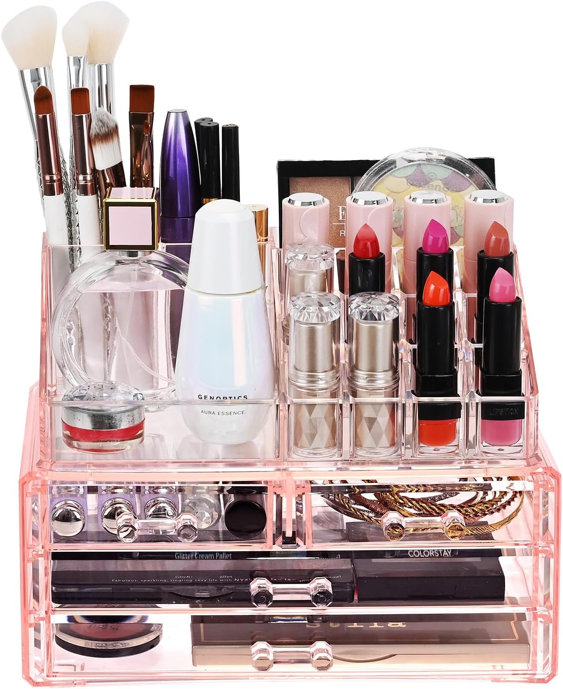 Ikee Design Acrylic Makeup Organizer with 4 Drawers and Removable Top Lipstick Holders, Ideal for Make-up or Accessories,Enhance Your Vanity or Bathroom with Clear Design for Quick Visibility