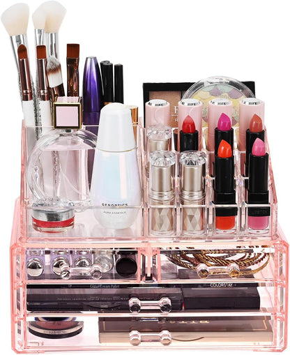 Ikee Design Acrylic Makeup Organizer with 4 Drawers and Removable Top Lipstick Holders, Ideal for Make-up or Accessories,Enhance Your Vanity or Bathroom with Clear Design for Quick Visibility