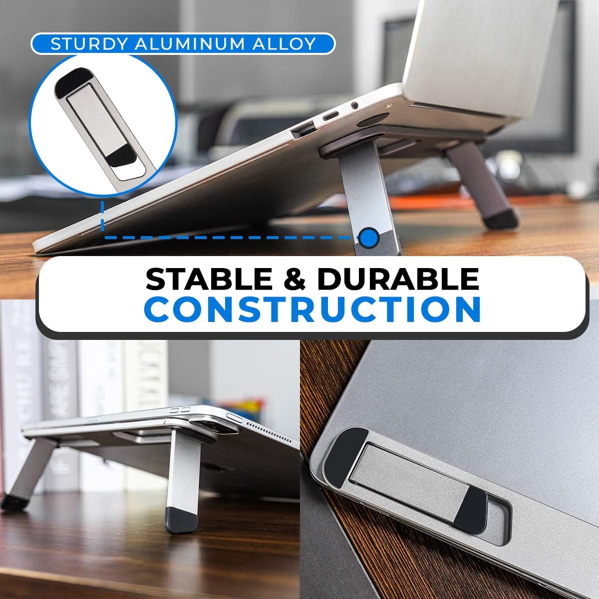 Laptop Riser for Desk – Aluminum Foldable Laptop Stand for 10”-16” Models Including MacBook, MacBook Air, iPad, HP and More – Self-Adhesive Portable Laptop Stand with Non-Skid Feet