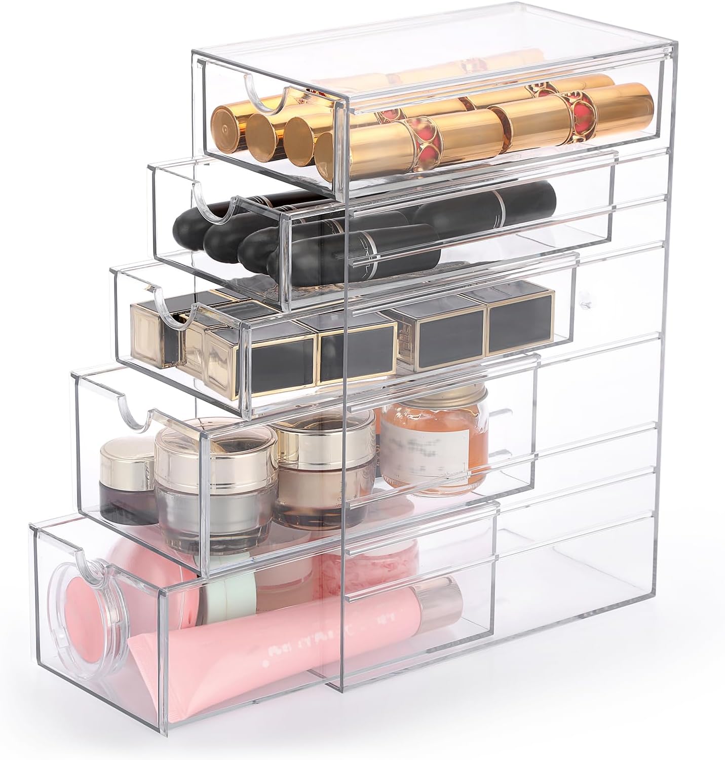 Hipiwe Plastic Drawer Organizer Clear Desktop Drawers Box with 6 Pull Out Drawer Compact Storage Box for Cabinet Vanity Bathroom Bedroom Pantry Shelf Office Closet Organization