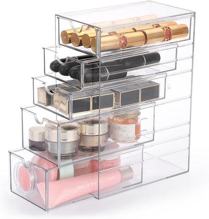 Hipiwe Plastic Drawer Organizer Clear Desktop Drawers Box with 6 Pull Out Drawer Compact Storage Box for Cabinet Vanity Bathroom Bedroom Pantry Shelf Office Closet Organization
