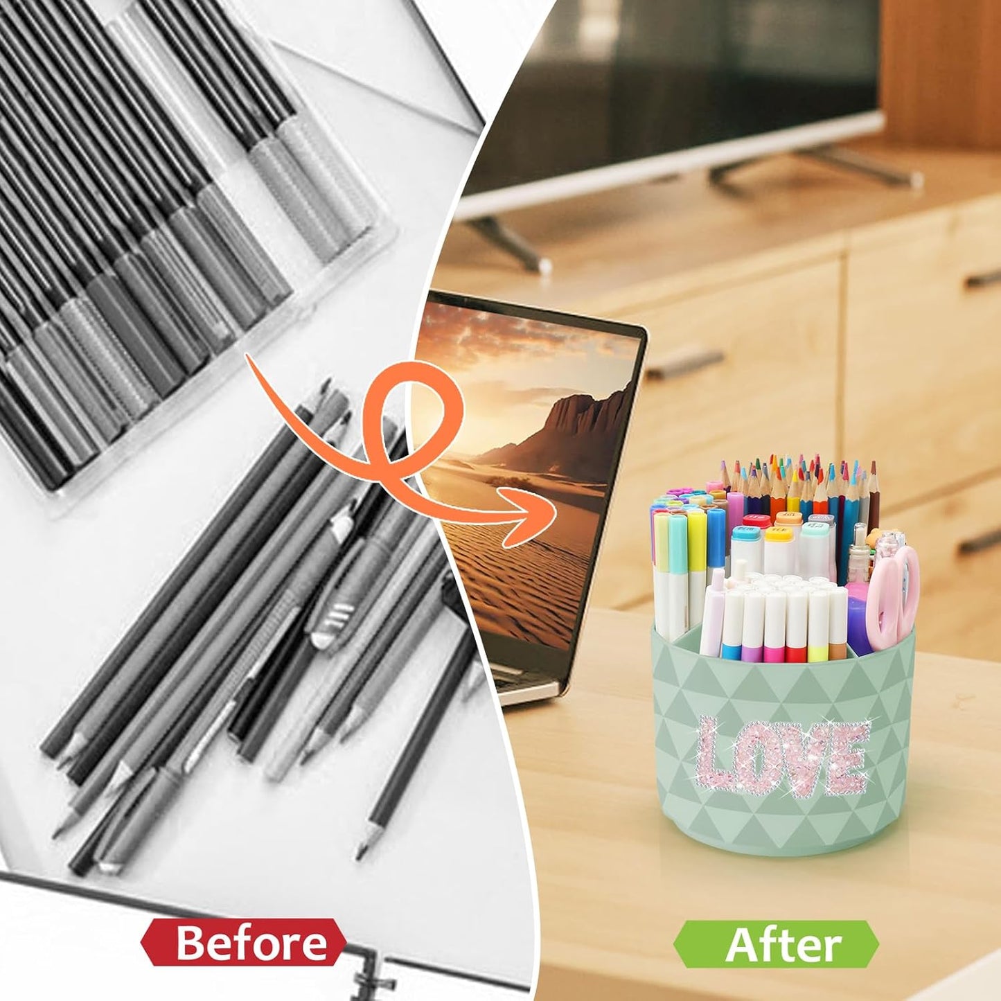 Desk Organizer, 360-Degree Rotating Pencil Pen Holders For Desk, Diamond Pattern Pen Organizer With 5 Compartments, Cute Desk Accessories Decor For Office, School,Home,Art Supply (Pink)
