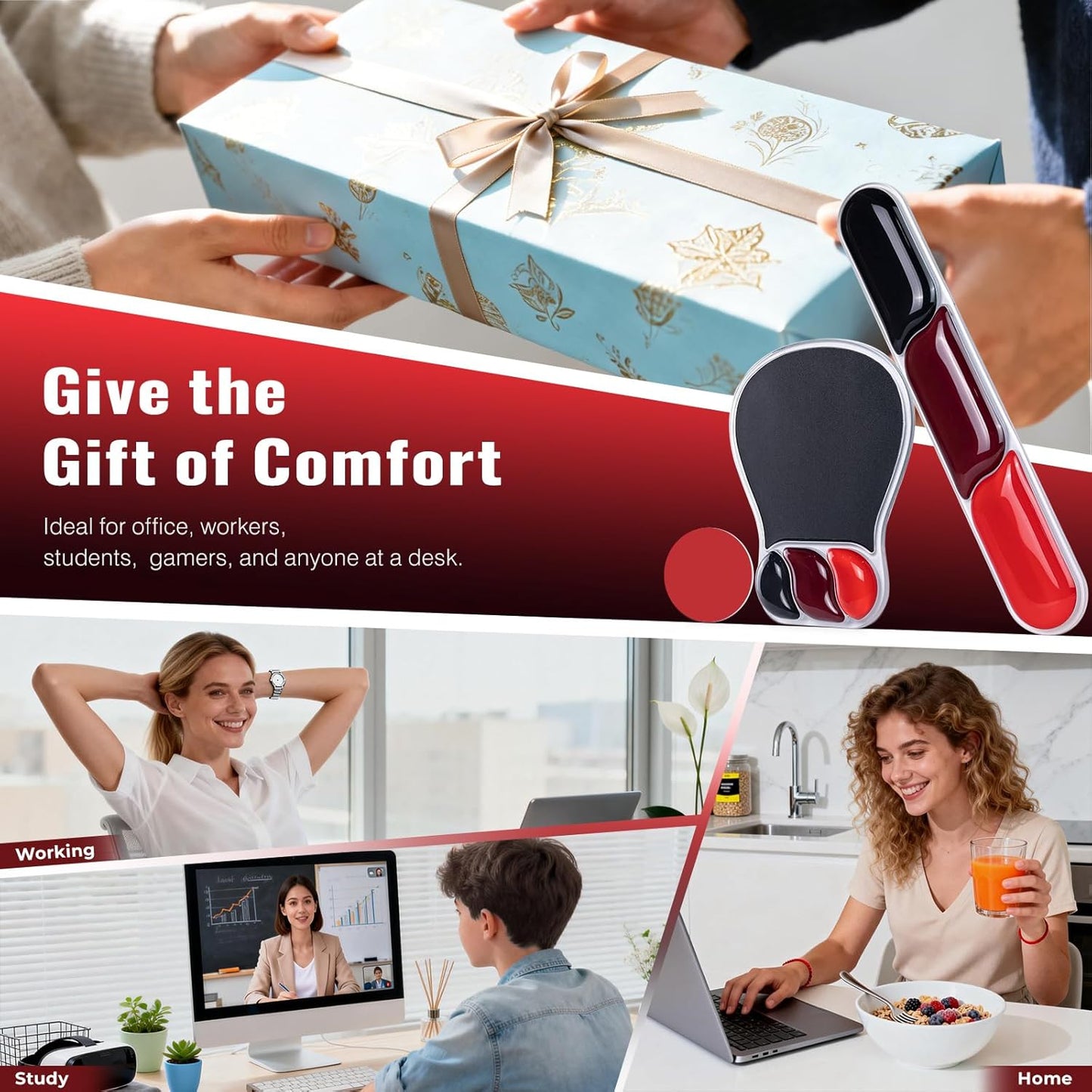 Ospelelf Mouse Pad with Wrist Rest Set Gel Ergonomic Keyboard Wrist Support Anti-Slip Rubber Bottom Office Women Desk Accessories for Computer, Laptop and Gaming, Black and Grey
