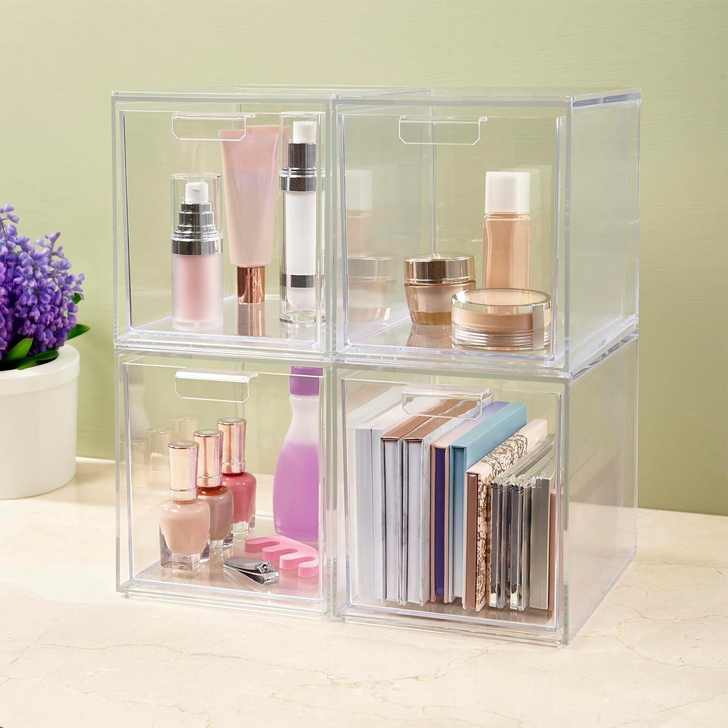 STORi Audrey Stackable Clear Bin Plastic Organizer Drawers | 2 Piece Set | Organize Cosmetics and Beauty Supplies on a Vanity | Made in USA