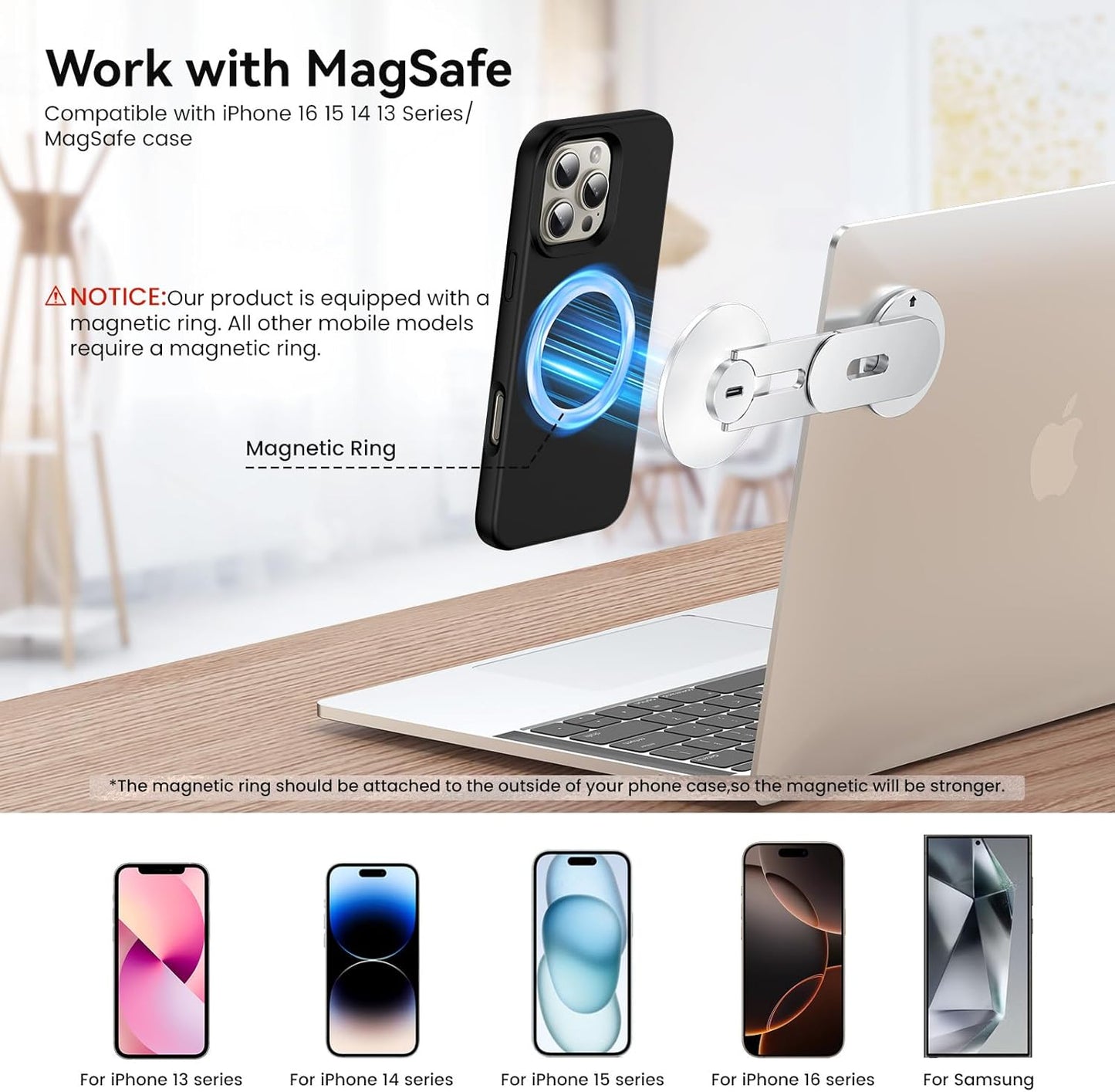 Laptop Phone Holder, Magnetic Phone Stand 15W Fast Wireless Charger for MagSafe for iPhone 17/16/15/14/13/12 & All Phones for Tesla (Black)