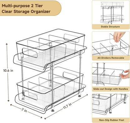 HIHEGD 2-Tier Bathroom Organizer with Dividers, Clear Under Sink and Pull-Out Cabinet Organizer for Kitchen and Pantry Storage
