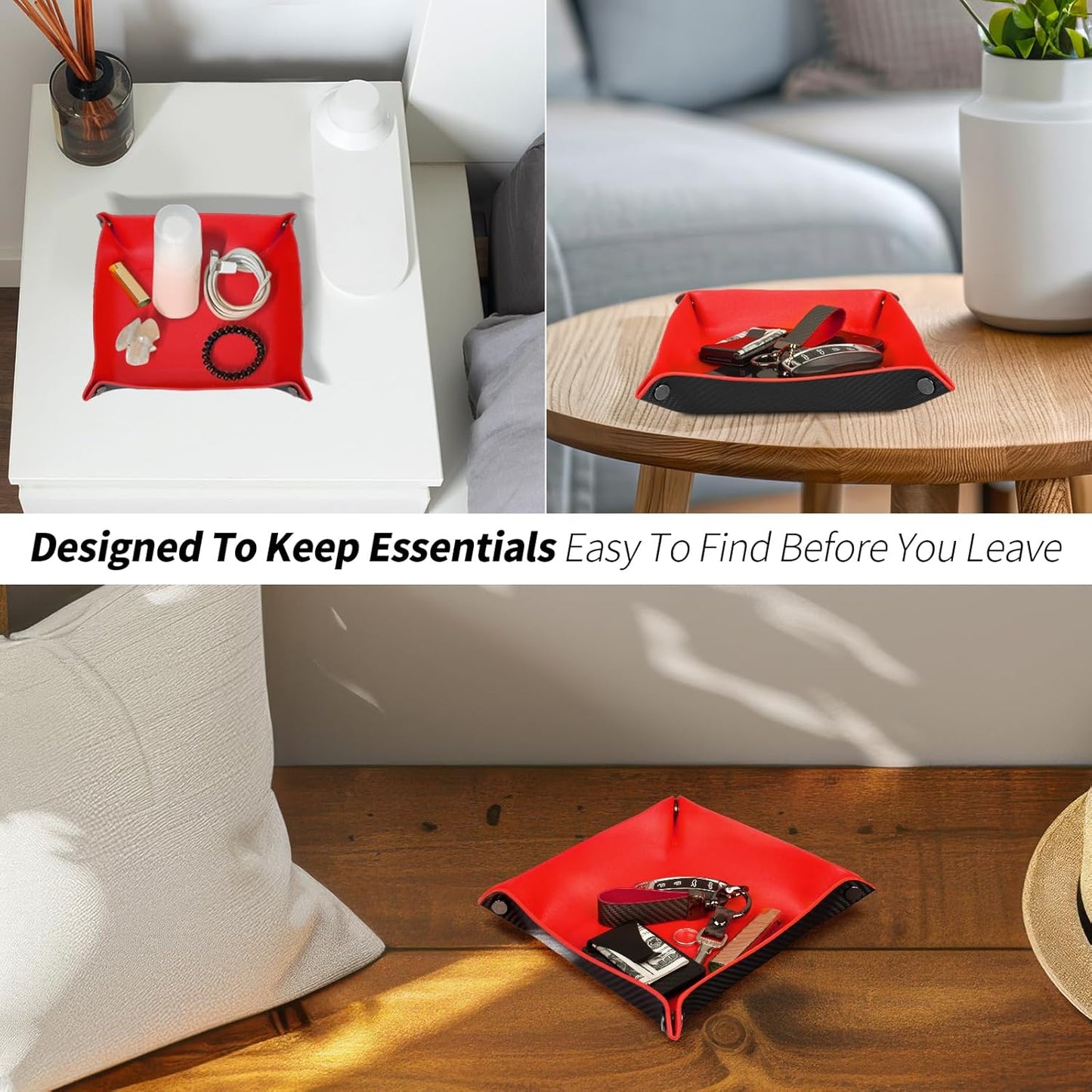 Valet Tray Organizer with Carbon Fiber Style Texture, Foldable Catchall Tray for Keys, Wallet & Everyday Essentials(Red)