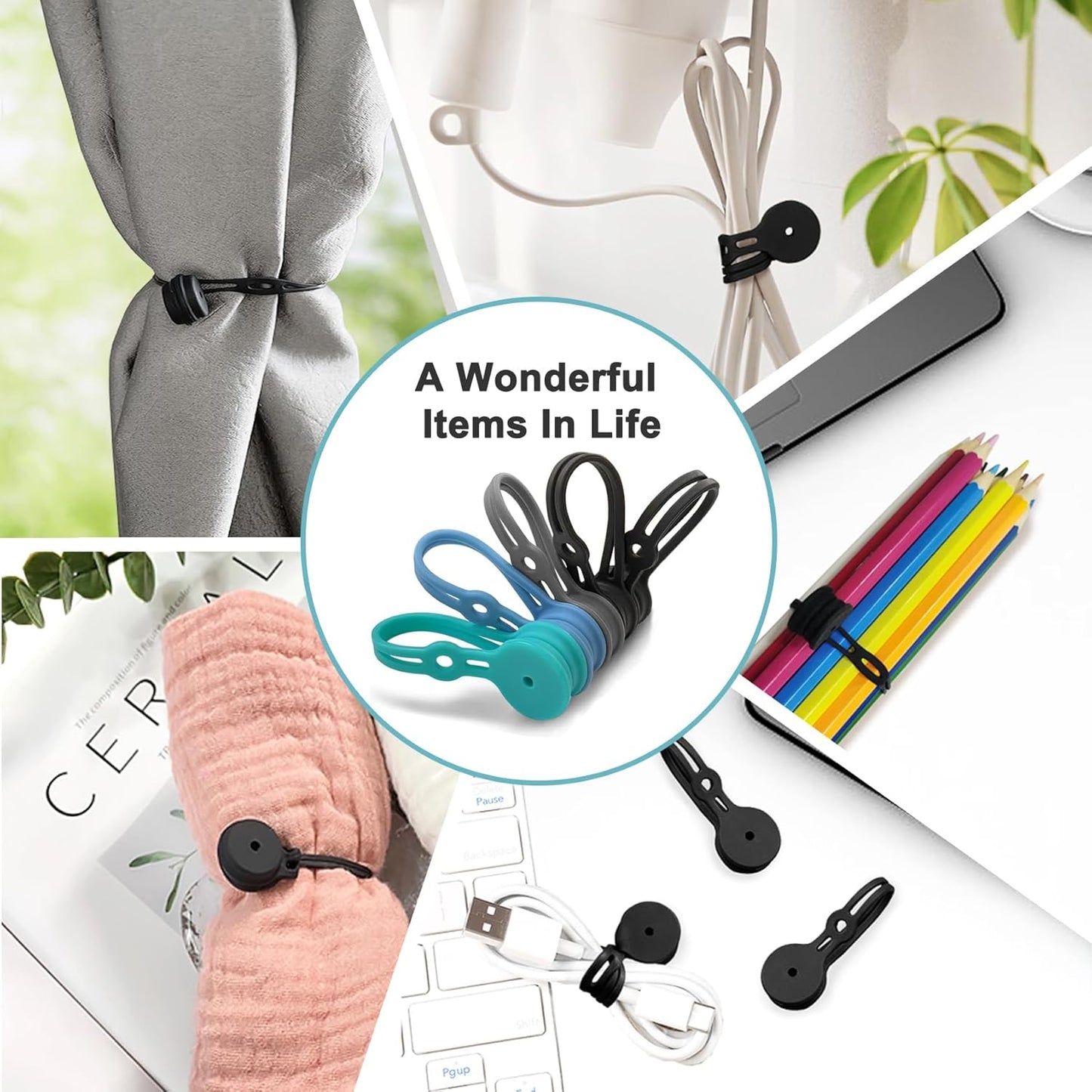 Magnetic Cable Ties 10 Pack, Silicone Cable Ties Charging Cord Organizer Travel Cable Management Straps Headphone Cord Wrap Reusable & Sturdy Cable Winder