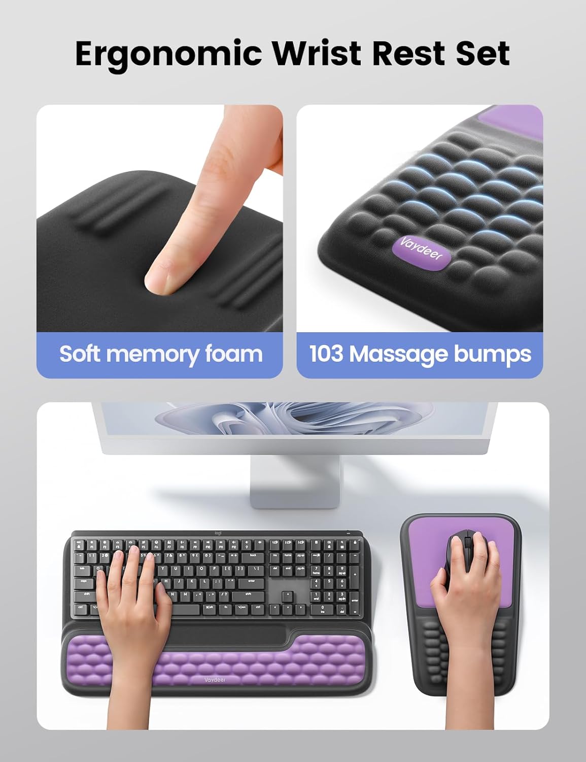 Vaydeer Keyboard Stand and Mouse Pad Set with Wrist Rest, Soft Memory Foam Wrist Support, Ergonomic Wrist Cushion for Desk, Relieves Carpal Tunnel Pain, Palm Hand Typing for Office, Home, Gaming