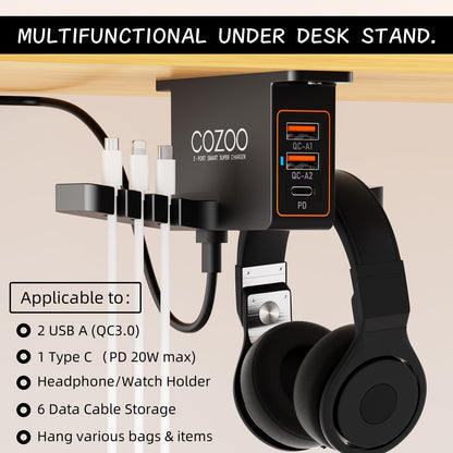 cozoo Headphone Stand with USB Charger Under Desk Headset Holder Mount 3 USB Charging Station,iWatch Stand Watch Dock Dual Earphone Hanger Hook,PC Accessories Gifts,UL Tested