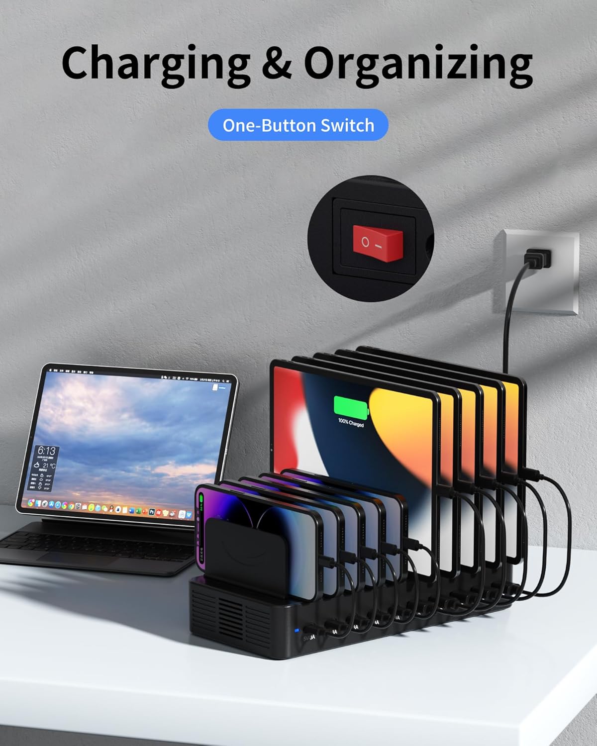 100W Charging Station for Multiple Devices, 10-Port USB Fast Charging Station with Adjustable Dividers & 10 Cables- Multi Device Organizer Charging Dock for iPhone, iPad, Tablets & More(White)