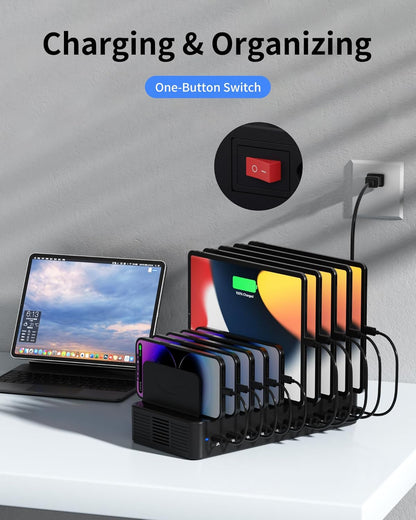 100W Charging Station for Multiple Devices, 10-Port USB Fast Charging Station with Adjustable Dividers & 10 Cables- Multi Device Organizer Charging Dock for iPhone, iPad, Tablets & More(White)