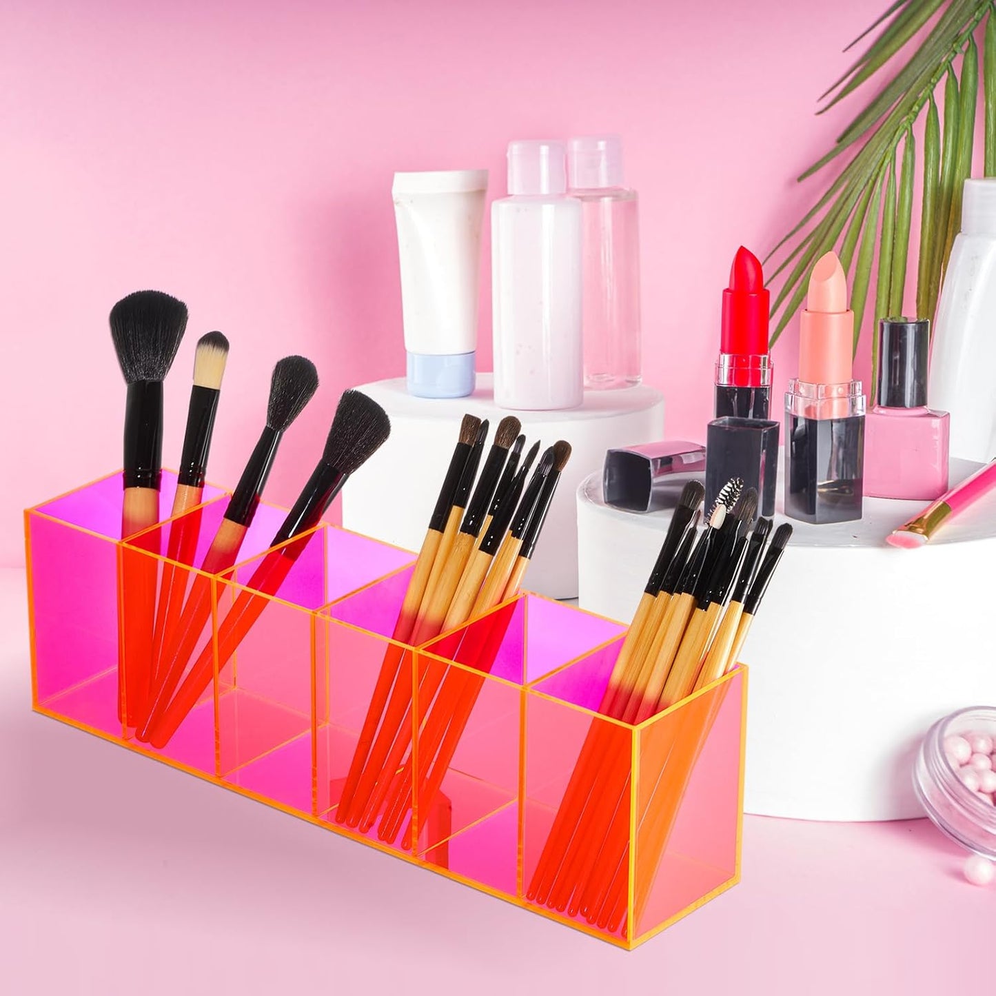 Jetec Acrylic Pen Holder 6 Compartments Makeup Brush Stationery Organizer Pencil Holder for Desk Accessories, Cosmetic Brushes, Dorm, Home, Bathroom, Kitchen, Office Supplies(Neon Pink)