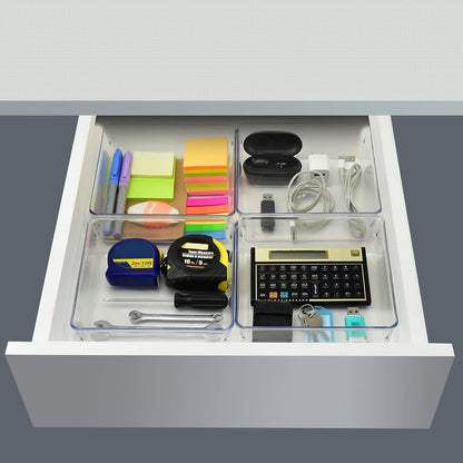 Acrimet Drawer Organizer Modular, Box Tray Storage Bins for Office, Home, Makeup, Kitchen, Junk Drawer ( 4 Pieces) (Clear Crystal Plastic)