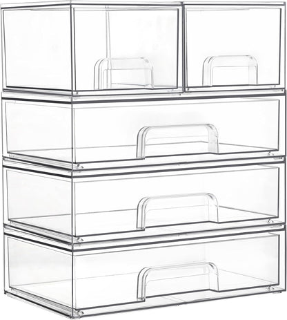 Vtopmart Stackable Storage Drawers Set of 4, Clear Plastic Organizer Bins for Bathroom Supplies,Ideal for Cabinet,Pantry,Laundry Room Organization