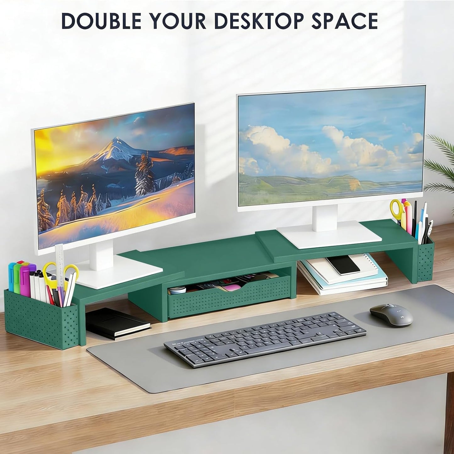 Spacrea Metal Desk Organizers and Accessories, Dual Monitor Stand Riser with Drawer and 2 Pen Holders, Book Racks, Desk Accessories & Workspace Desktop Organizers for Office Supplies (Black)