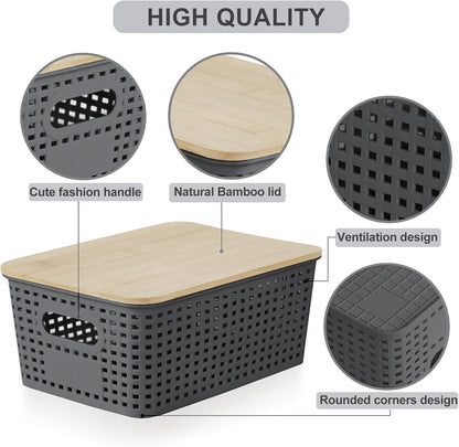 Bagnizer Small Plastic Storage Bins with Bamboo Lids 5.2qt Stackable Box Basket Pantry Decorative Containers Cute with Labels for Organizing Desktop Closet Office Cream White of 6 packs 10*7.2*4.1"
