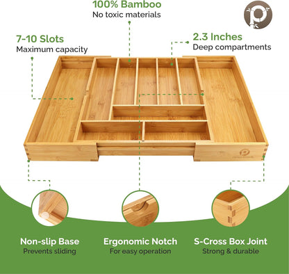 Pristine Bamboo Expandable Drawer Organizers for Kitchen - Extra Deep Non-Slip 17” x 14.6” (expands up to 25 inches) - Dark Wooden Silverware Divider (10 Compartments) – Organize Cooking Utensils