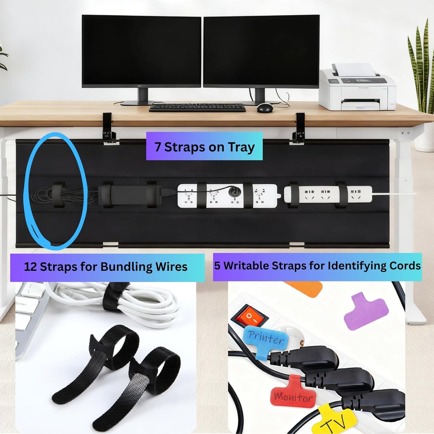 Under Desk Cable Management Tray, 48" Extra Large No Drill Cord Organizer with Easy to Clean Oxford Fabric, Clamp On Power Stripe Holder for Office, Home Office & Gaming Space