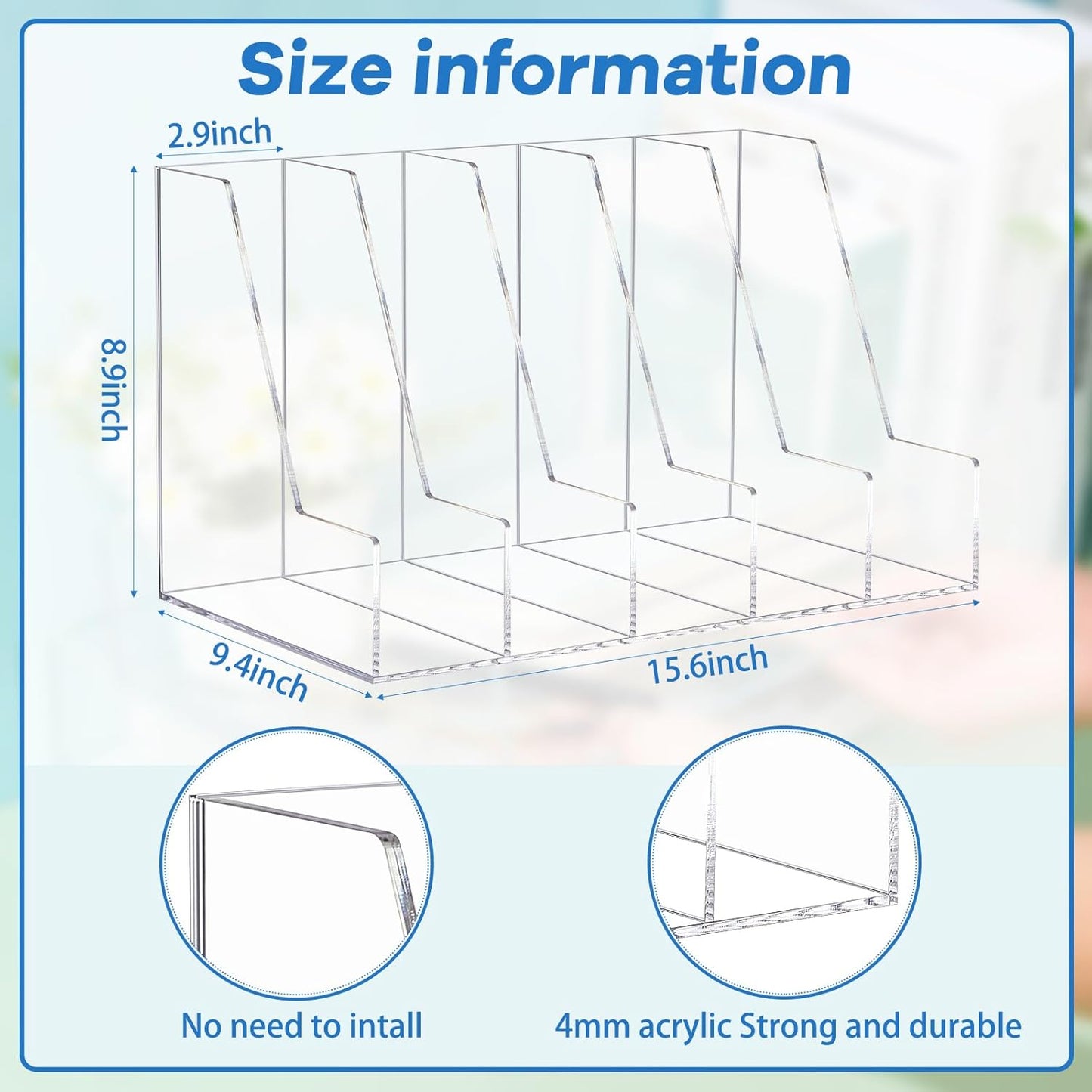 Suzile Clear Acrylic Magazine File Holder with Vertical Compartments Desk Organizer Book Rack for Desk Sorter Paper Folder Office Accessories(Clear,14.2 x 7.2 x 6.5 Inch)