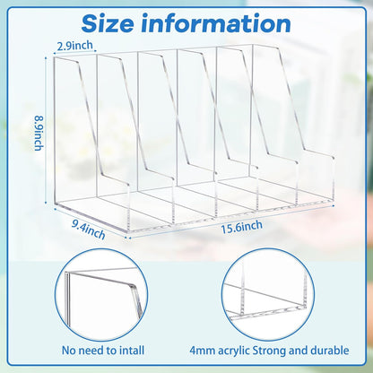 Suzile Clear Acrylic Magazine File Holder with Vertical Compartments Desk Organizer Book Rack for Desk Sorter Paper Folder Office Accessories(Clear,14.2 x 7.2 x 6.5 Inch)