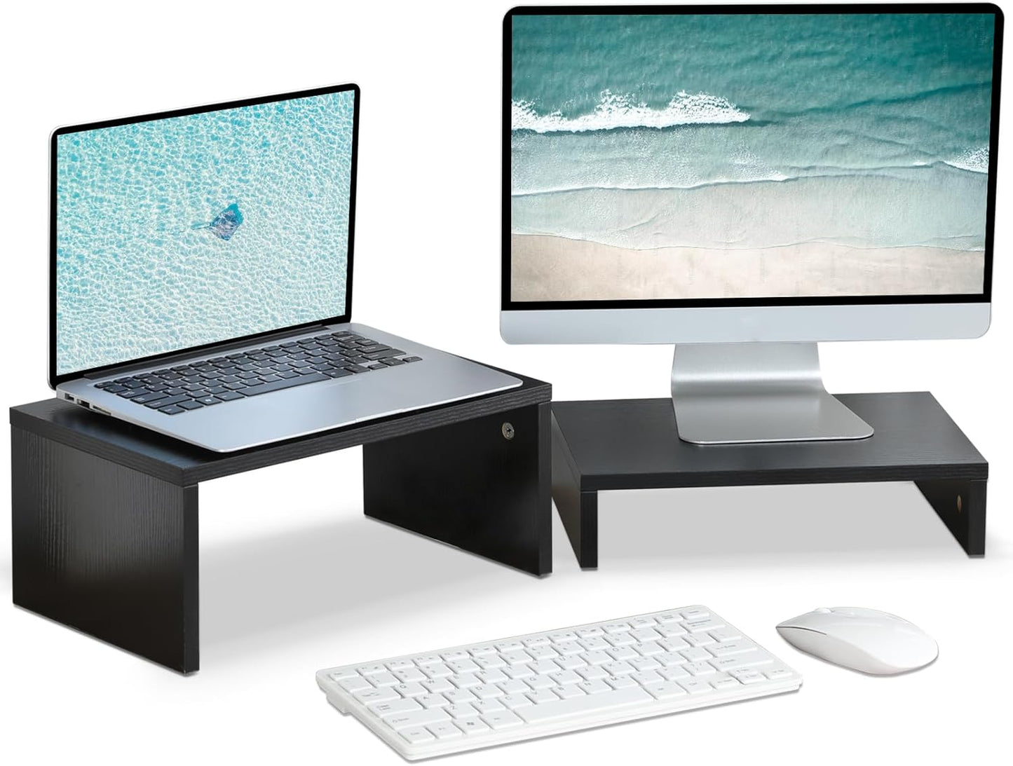 TEAMIX Adjustable White Monitor Stand Riser - 2 Pack, Wood 2 Tier Adjustable Stand for 2 Monitors/Laptop/PC