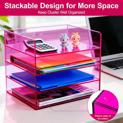 Gelite Acrylic File Organizer for Desk 4 Tiered Stackable Letter Tray Office Paper Storage Desktop Document Sorter, Neon Pink