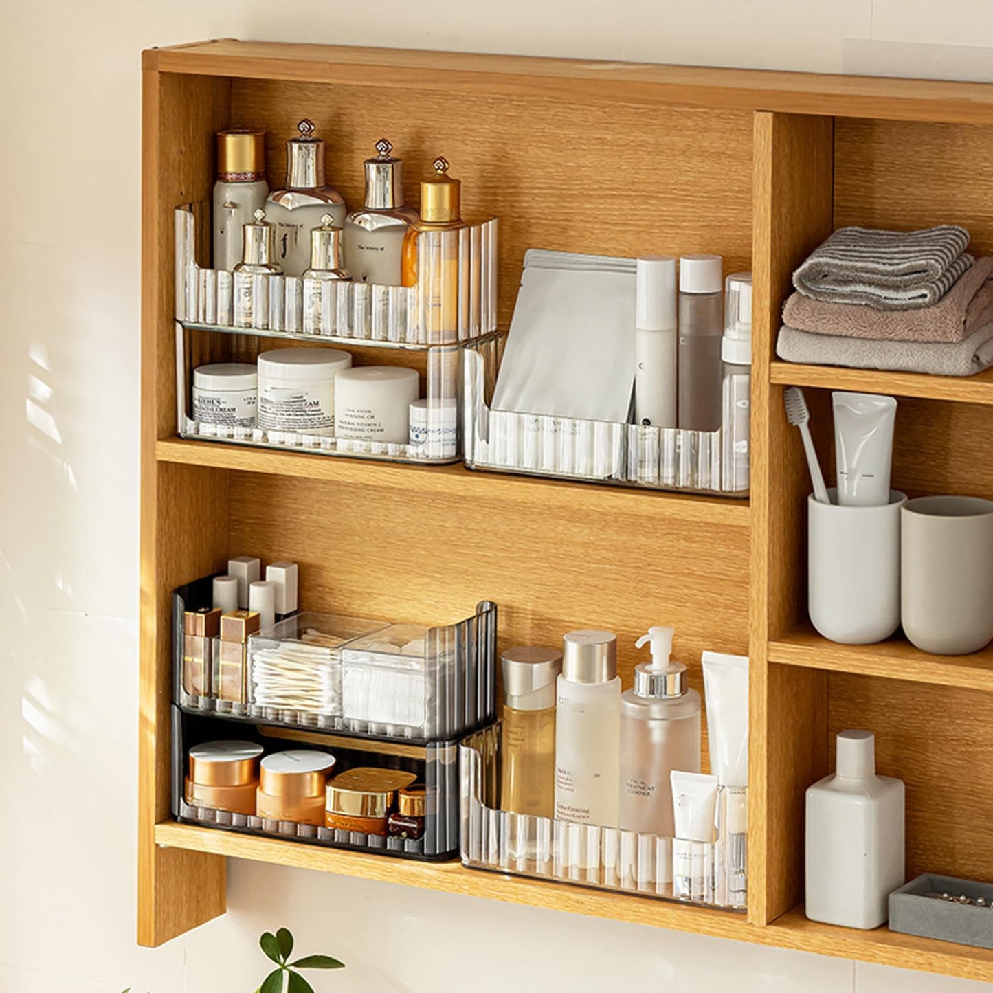 MORNITE Bathroom Medicine Cabinet Organizer Set, Narrow Compact Makeup Shelves Holder for Lipstick, Cosmetic, 2 Pcs Trays for Cabinet Door Wall, Vanity - Clear