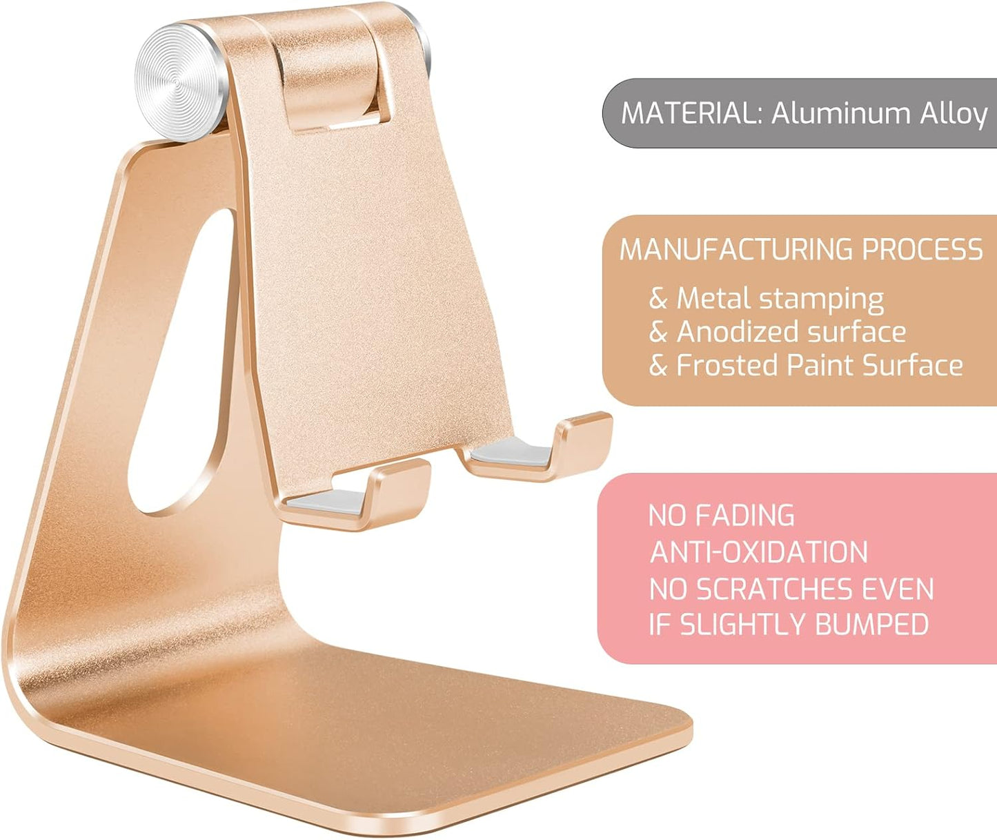 Adjustable Aluminum Alloy Cell Phone Stand, Tabletop Metal Phone Holder,Desktop Phone Dock,Smartphone Cradle,Gold