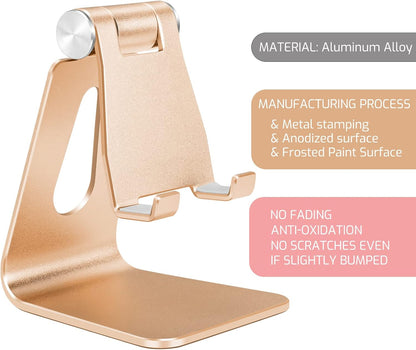 Adjustable Aluminum Alloy Cell Phone Stand, Tabletop Metal Phone Holder,Desktop Phone Dock,Smartphone Cradle,Gold
