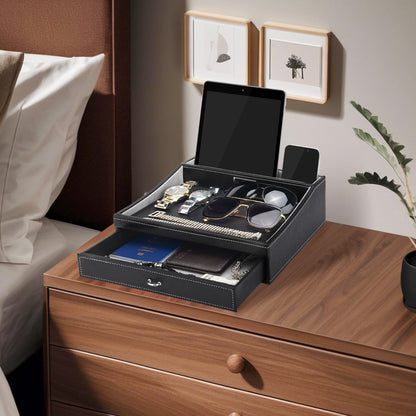 Baoyun Gifts for Dad Mens Nightstand Organizer, Jewelry Box for Men, Mens Dresser Organizer Countertop, Large Capacity Leather Valet Tray for Phones Pad Wallet Key Christmas Gifts for Men