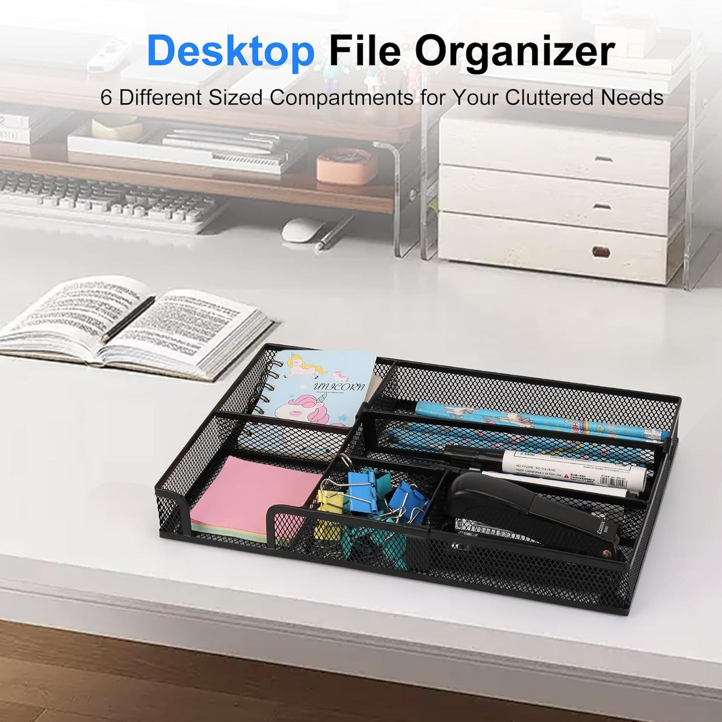 Desk Drawer Organizer, 2 Pack Junk Drawer Organizer Tray with 2 Adjustable Compartments, Desktop Metal Mesh Office Desk Organizer, Multifunction Pen Organizer Set for Office School Makeup Supplies (2)