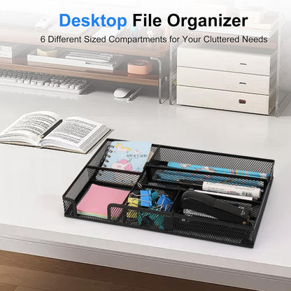 Desk Drawer Organizer, 2 Pack Junk Drawer Organizer Tray with 2 Adjustable Compartments, Desktop Metal Mesh Office Desk Organizer, Multifunction Pen Organizer Set for Office School Makeup Supplies (2)