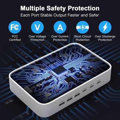 MSTJRY 90W 6-Port USB C Fast Charging Station for Multiple Devices, Multi PD Charger Station for iPhone iPad Tablet Phone, Charging Dock Organizer with Adjustable Dividers for Home Office Classroom