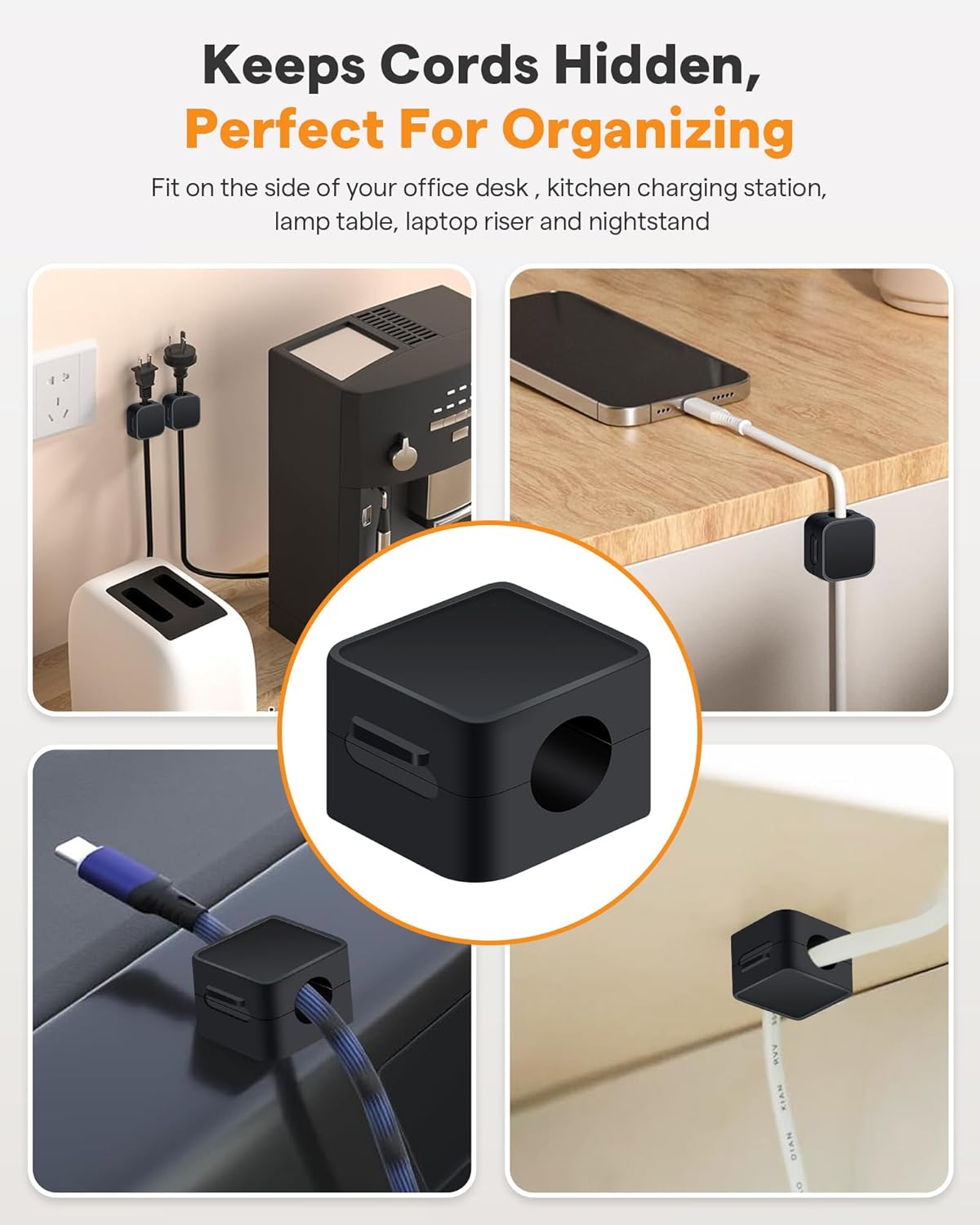 6 Pack Magnetic Cable Clips+2 Sheets (20 Lables) Cute Self-Adhesive Sticker Lables, 11.5mm Ultra Slim Smooth Adjustable Cord Organizer, Under Desk Cable Management for Home/Office/Kitchen/Nightstand