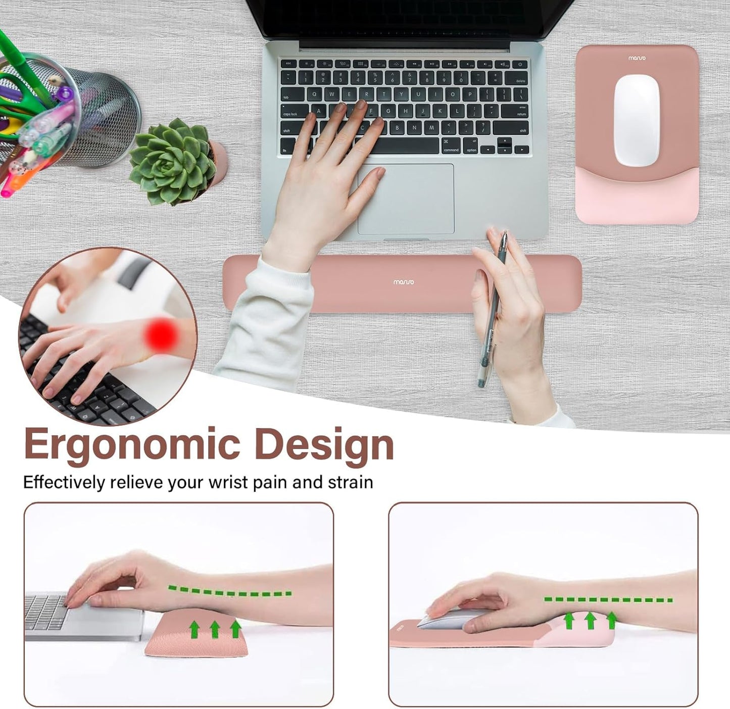 MOSISO Wrist Rest Support for Mouse Pad&Keyboard Set, Rectangular Ergonomic Mousepad Non-Slip Base Home/Office Pain Relief&Easy Typing Pad with Neoprene Cloth&Raised Silicone Lining, Green