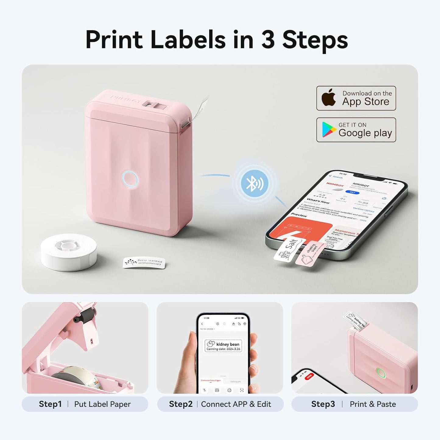 NIIMBOT D110 Upgraded Version Mini Label Maker Machine with Tape, Portable Bluetooth Thermal Printer, Sticker Labeler with Multiple Templates for Office Organization Home Kitchen School, White