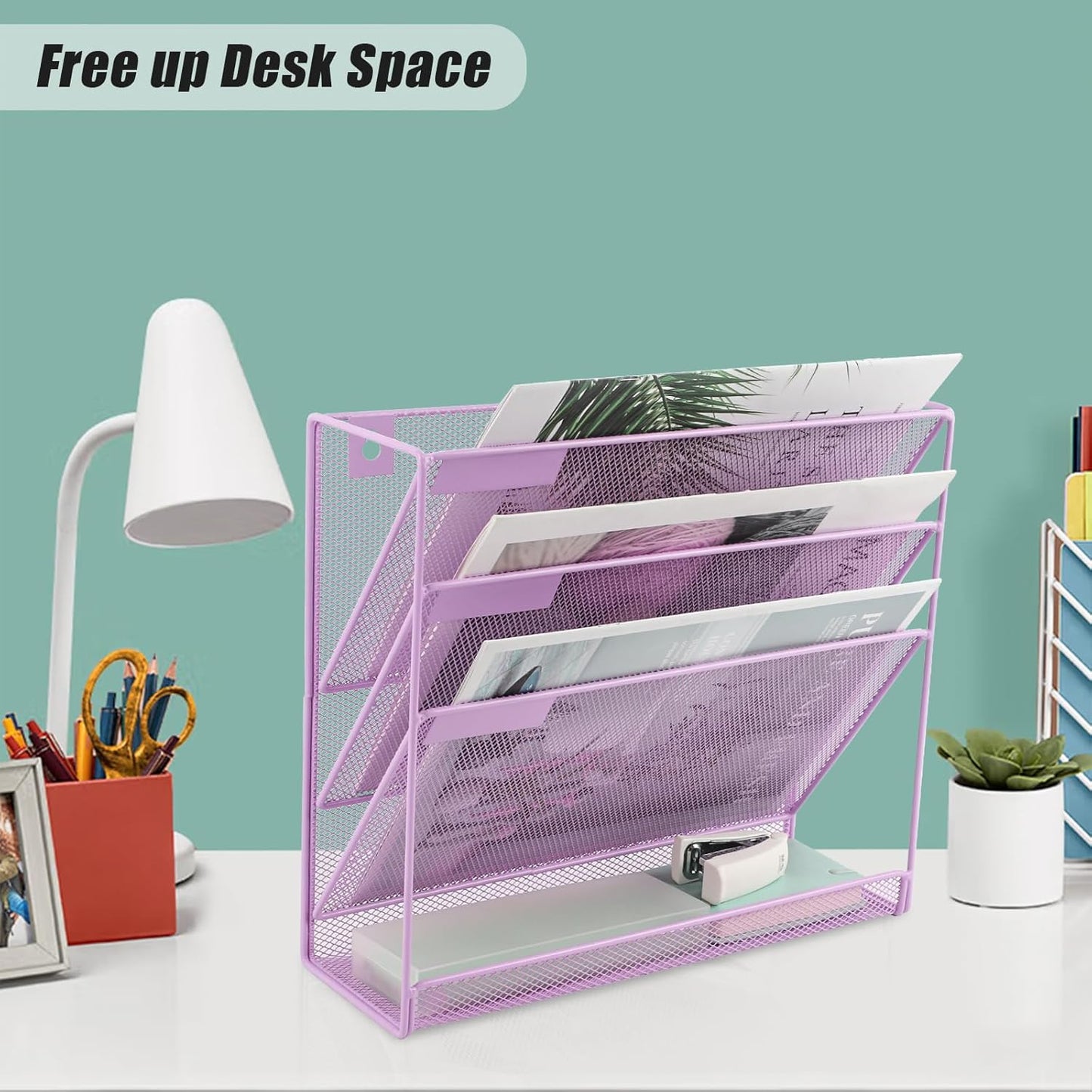 EASEPRES Desk File Organizer Mesh 6-Tier, Hanging Wall Mount Document Organization Stand, Desktop Vertical Mail Paper Folder Holder Rack with Bottom Tray for Office Home Cubicle Countertop, Black