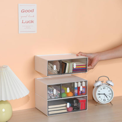 Desktop Storage Drawers, Plastic Desk Organizer with 3 Drawers, Modular Stackable Toolbox Units for Office Stationary, Makeup Container, Bathroom Countertop (1 Tall Layer, Cream & Clear)