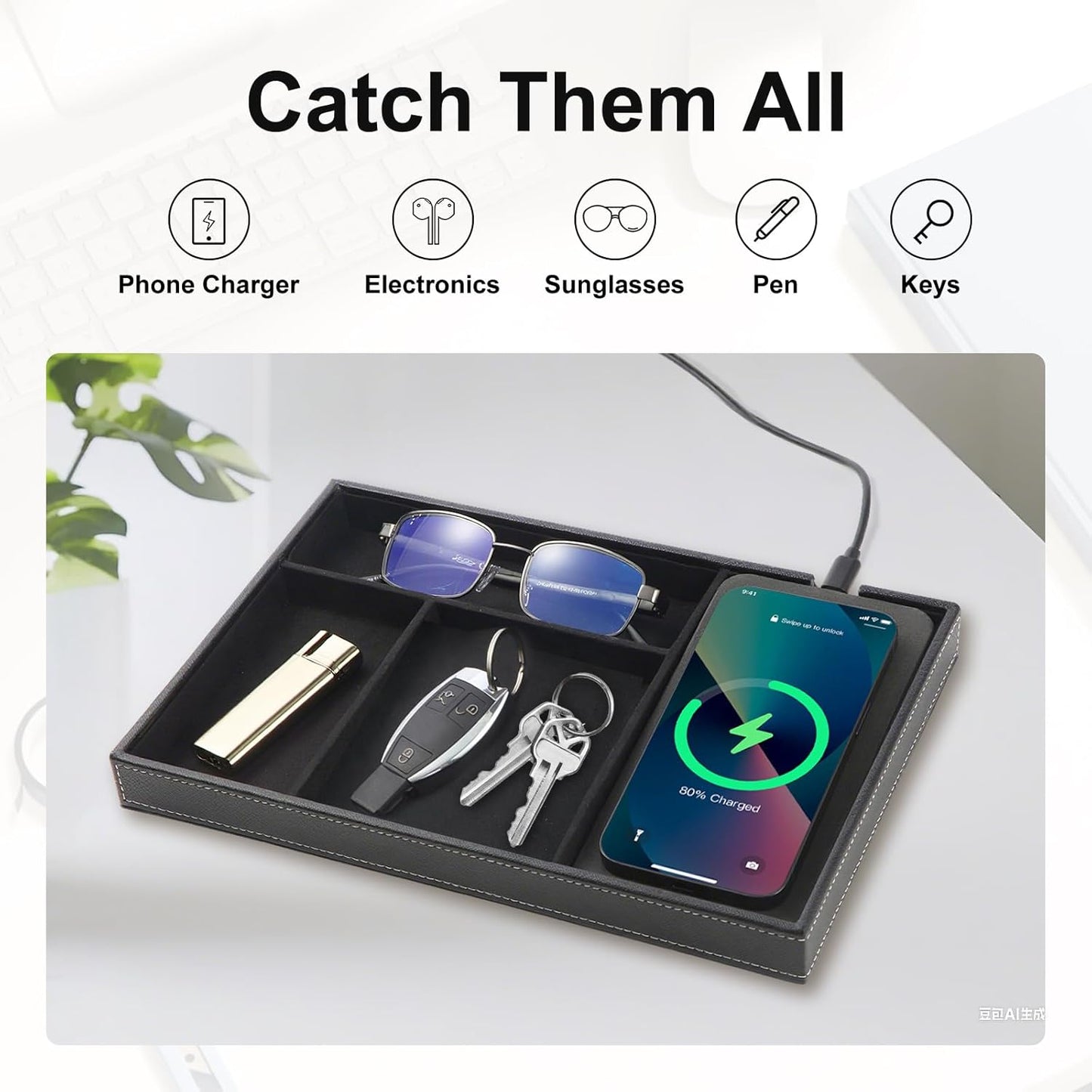 TopMade Valet Tray with Wireless Charging Pad Nightstand Organizer, Leather Desktop Storage Dresser Organizer Charging Station, Jewelry Box Catchall Bedside Vanity Tray for Men Women(Brown)