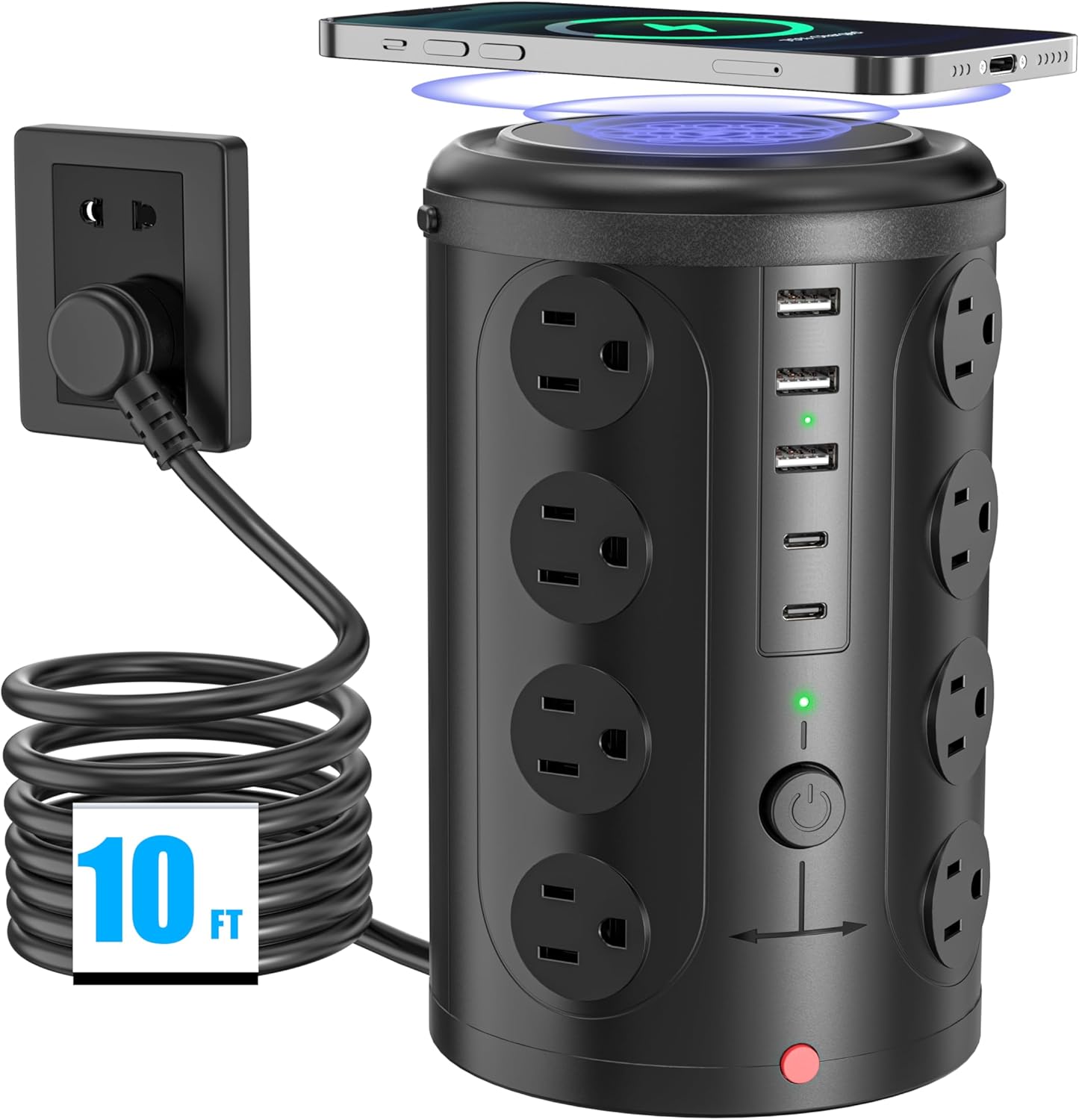 Surge Protector Power Strip - Desk Charging Station with 15W Wireless Charger, Multiple Outlets Charging Station with 16 2300J AC Outlets & 5 USB (2 USB C) Port, for Home, Office, Dorm Room